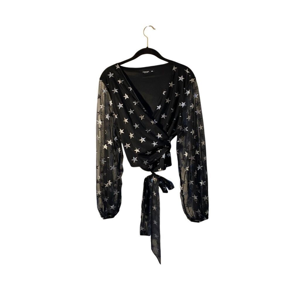 Sheer long sleeve faux wrap, puffy sleeve star print Blouse whimsigoth fairy 1X